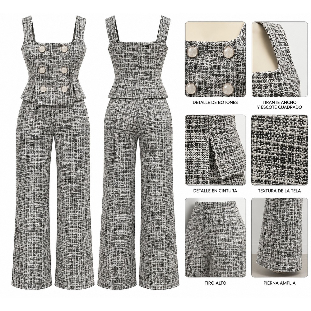 Elegante conjunto de dos piezas en tweed color blanco, negro y gris , compuesto